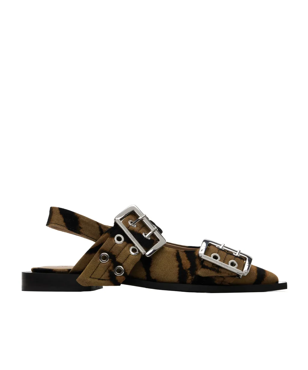 Buckle-Detail Zebra-Print Mules