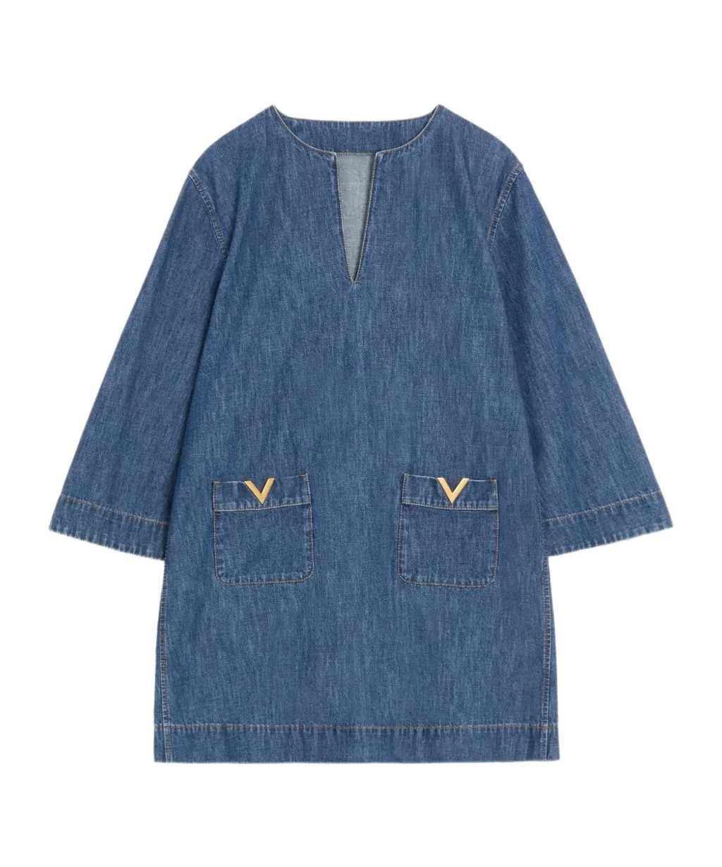 Chambray V-Neck Mini Dress