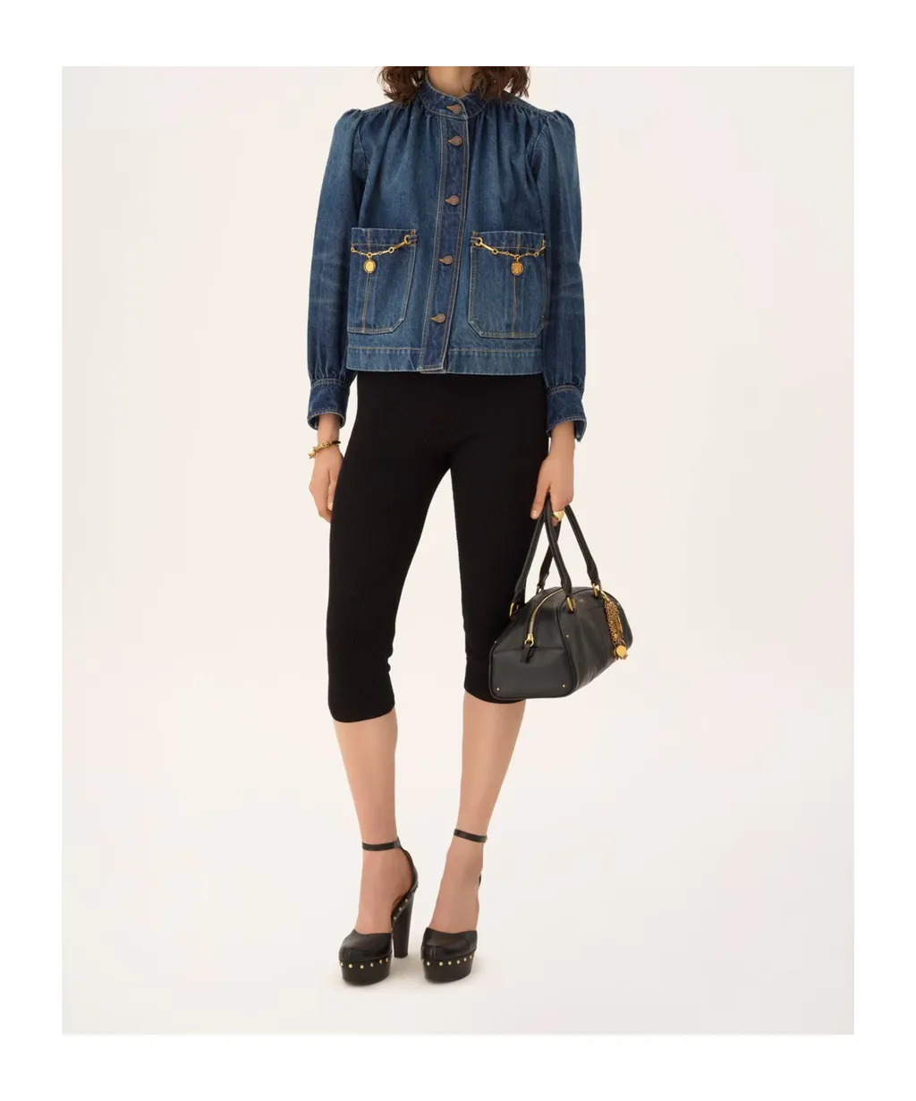 Chloé High-Neck Gathered Denim Jacket