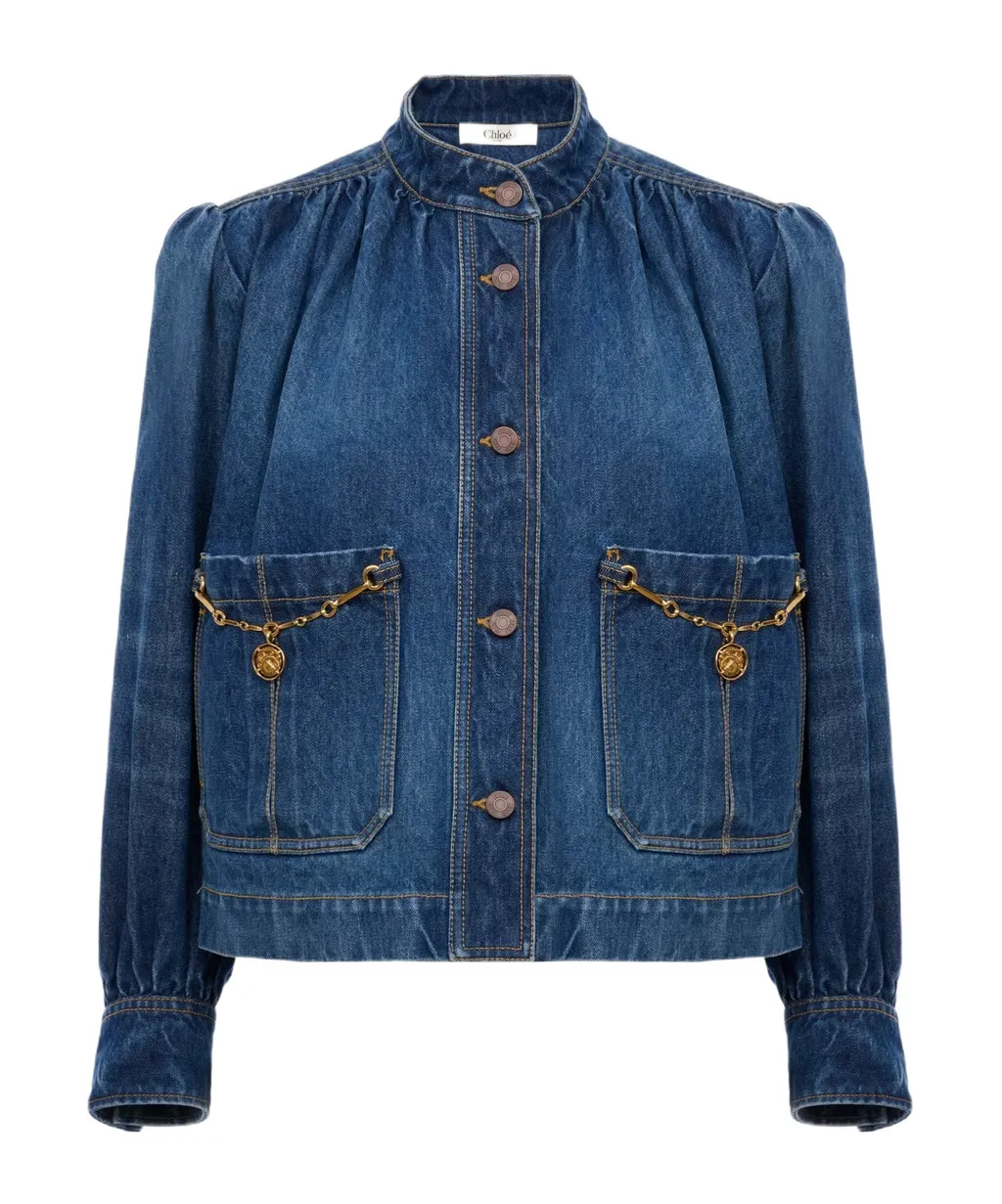 Chloé High-Neck Gathered Denim Jacket