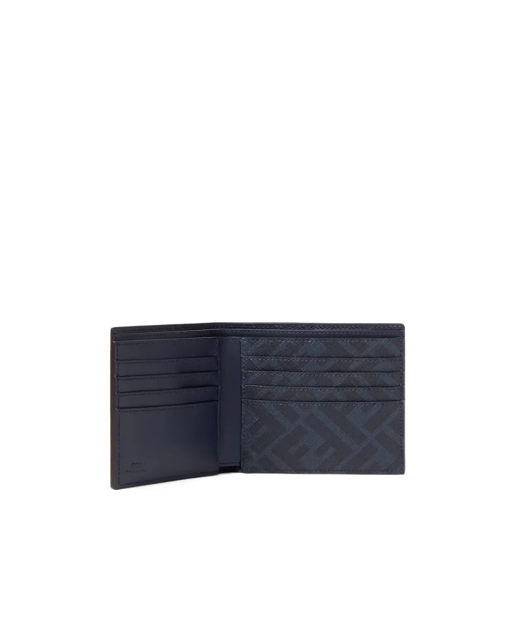 Dark Blue Leather And Ff Canvas Compact Bi-Fold Wallet