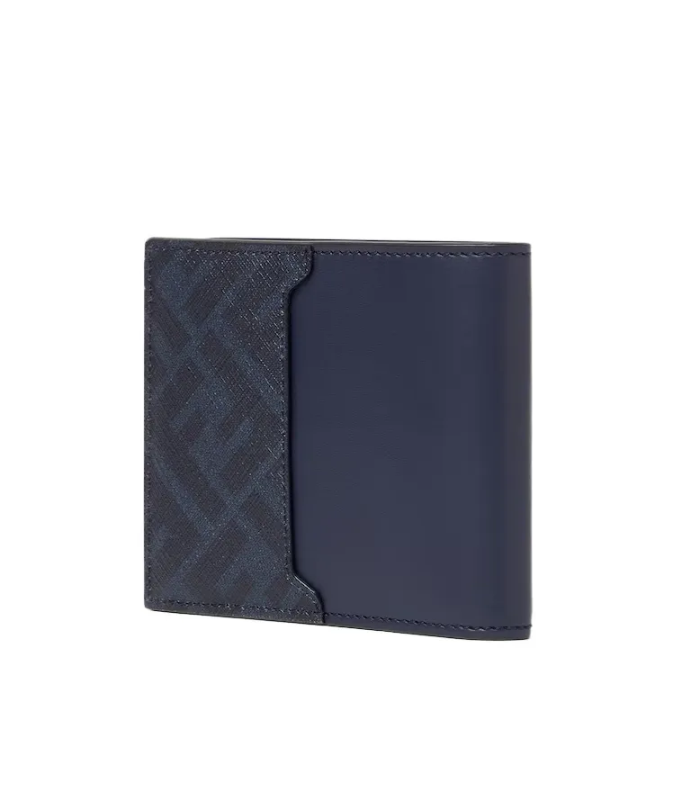 Dark Blue Leather And Ff Canvas Compact Bi-Fold Wallet