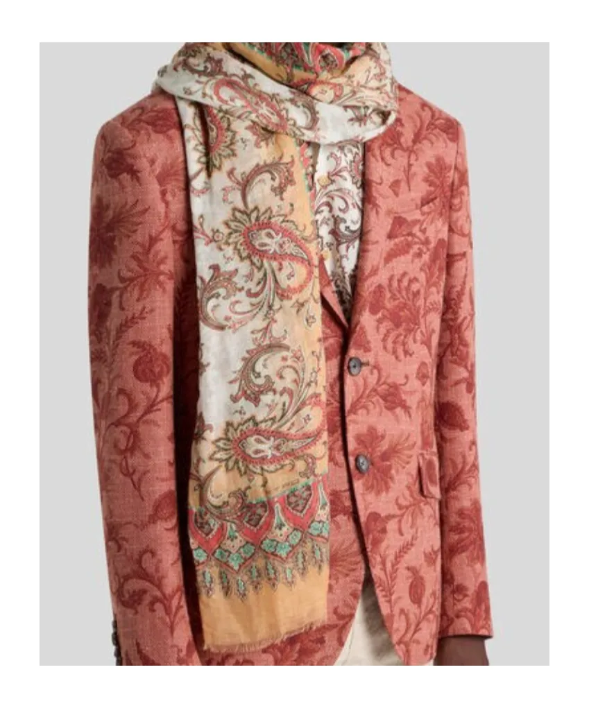 Linen-Blend Scarf With Floral Paisley Motif