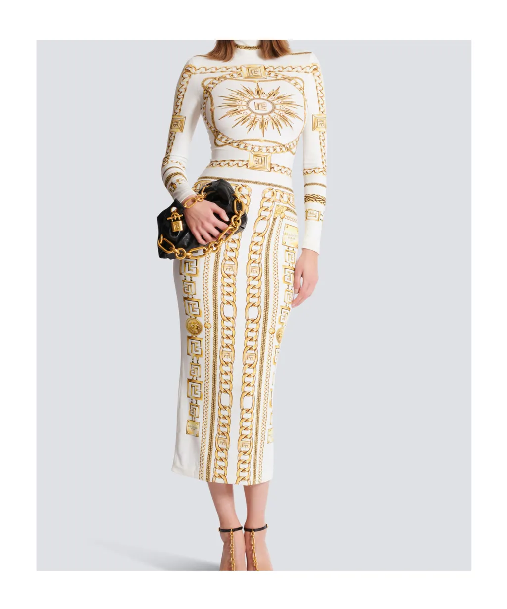 Long Printed Bodycon Dress With Balmain Foulard Pattern