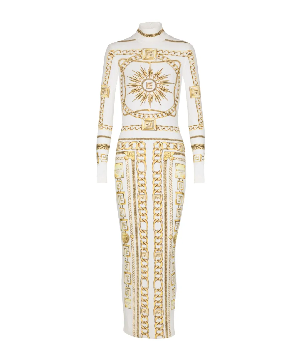 Long Printed Bodycon Dress With Balmain Foulard Pattern