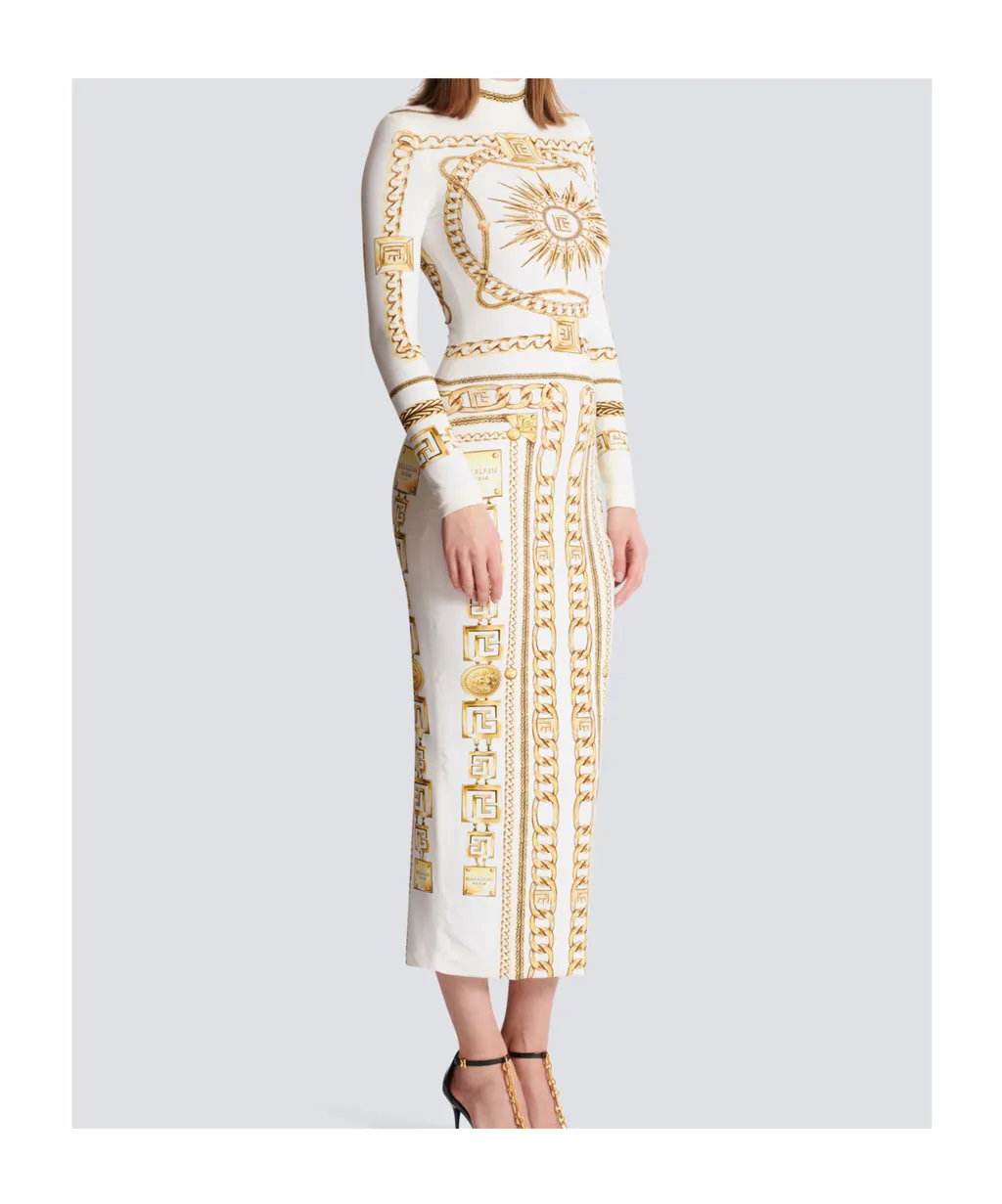 Long Printed Bodycon Dress With Balmain Foulard Pattern