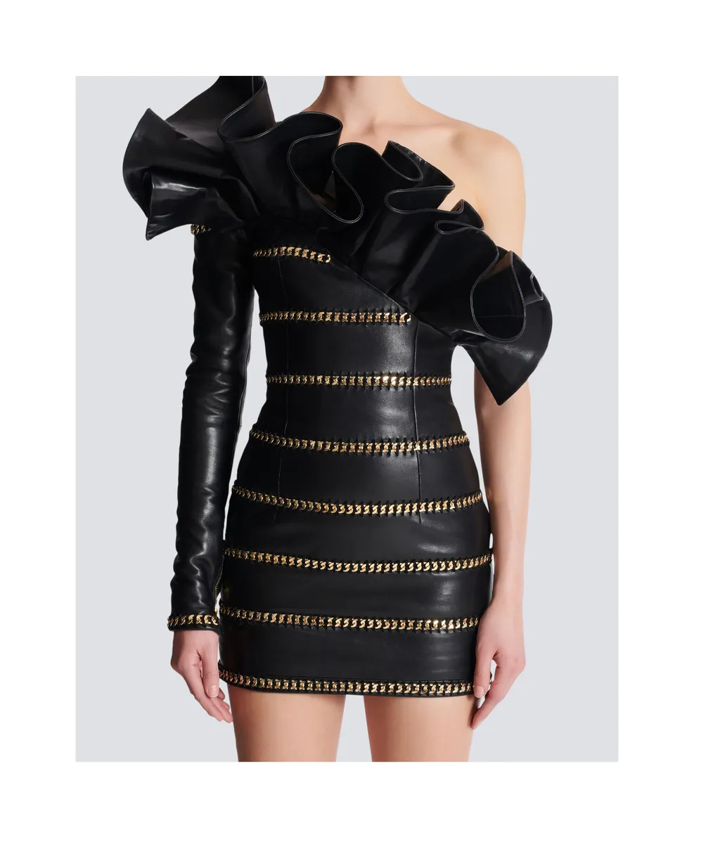 Asymmetric Leather Bodycon Dress With Chains