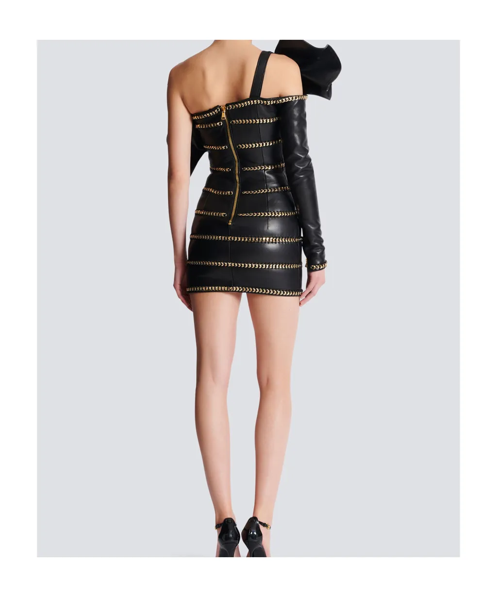 Asymmetric Leather Bodycon Dress With Chains