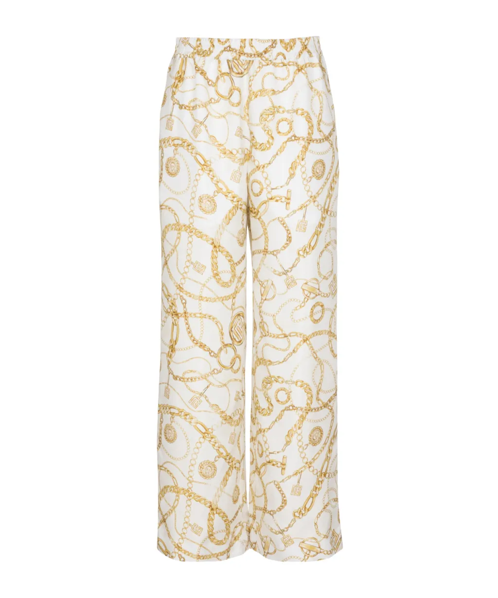 Flowing Printed Silk Trousers With Balmain Chains Pattern