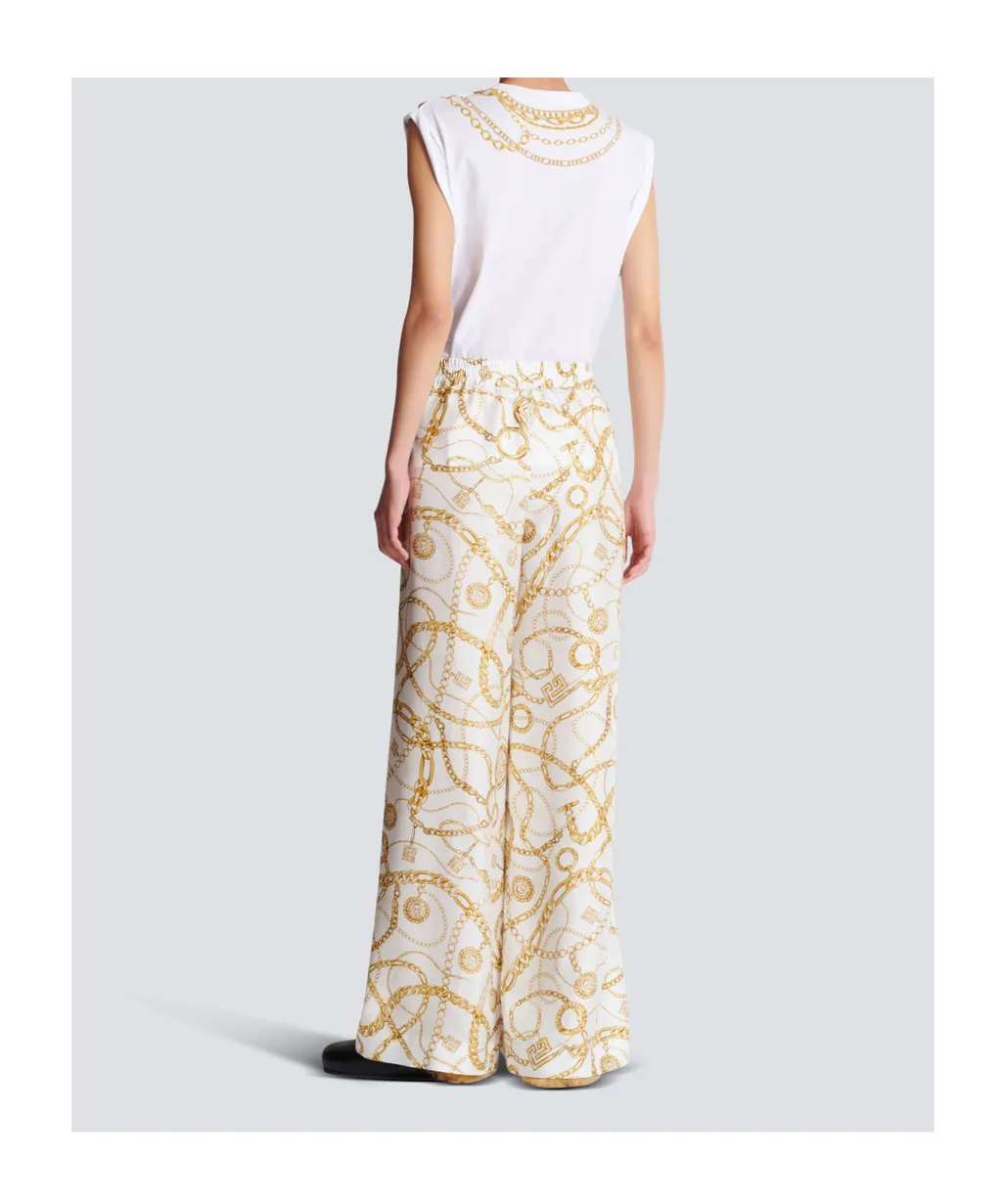 Flowing Printed Silk Trousers With Balmain Chains Pattern