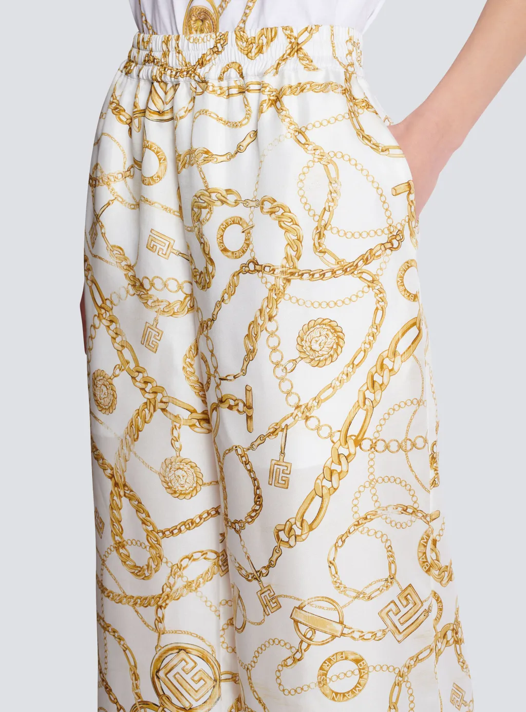 Flowing Printed Silk Trousers With Balmain Chains Pattern