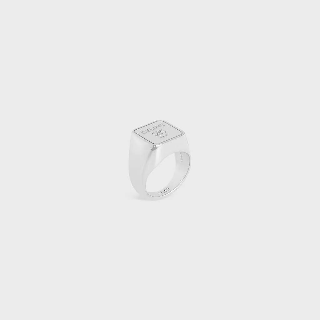 Triomphe Square Signet Ring In Brass With Rhodium Finish