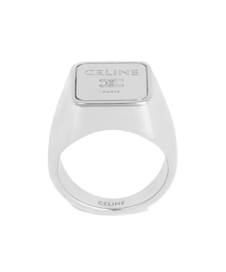 Triomphe Square Signet Ring In Brass With Rhodium Finish