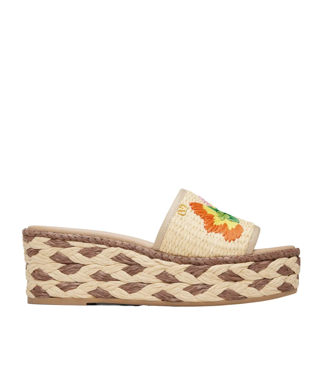 Polished Leather And Woven Faux Grass Platform Sandals