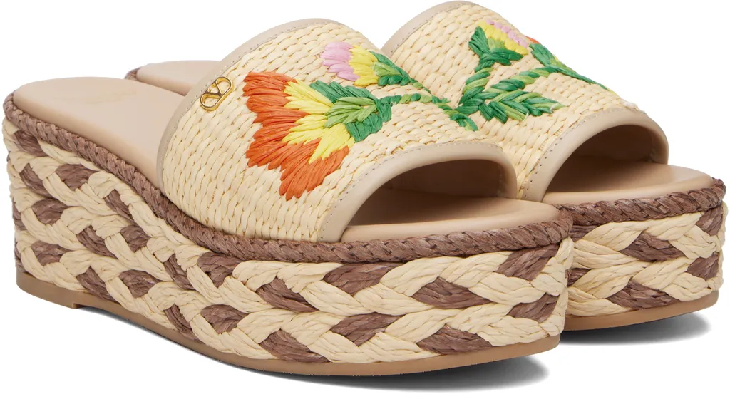 Polished Leather And Woven Faux Grass Platform Sandals