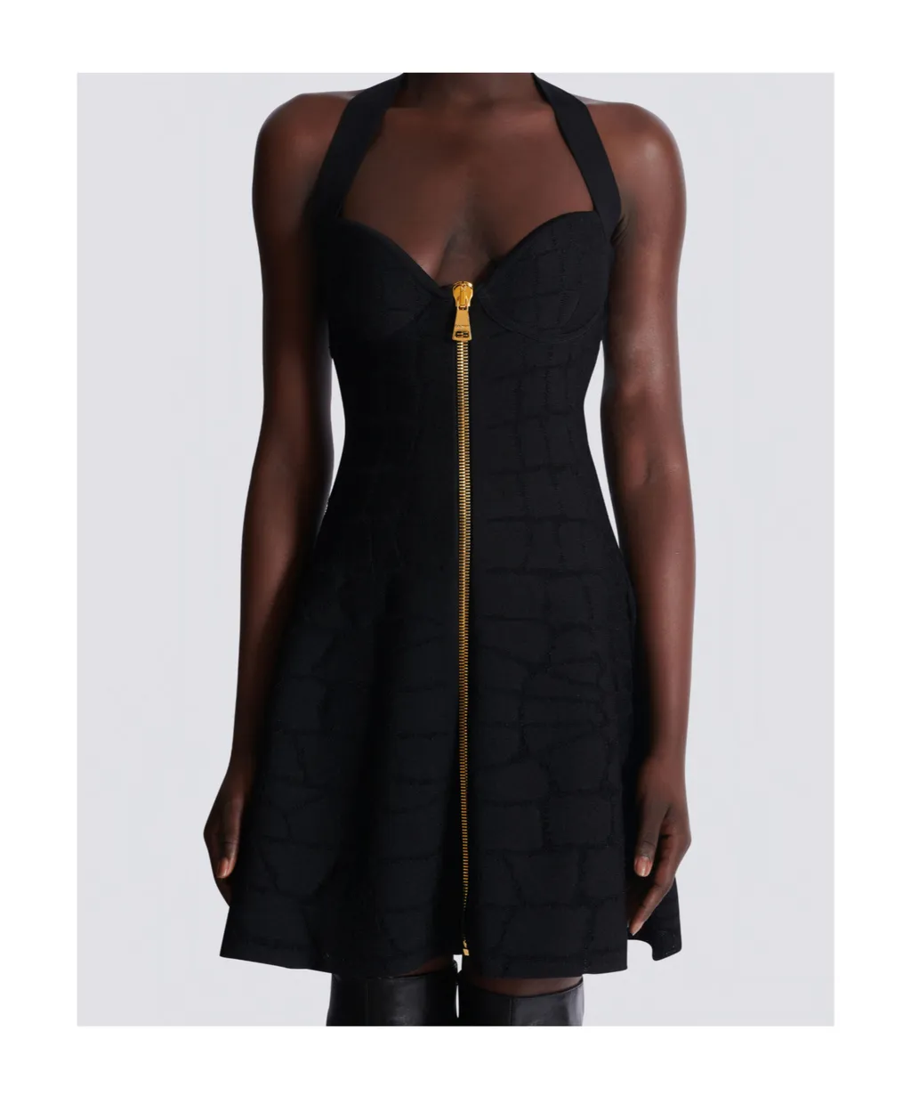 Flared Halterneck Dress In Crocodile Knit