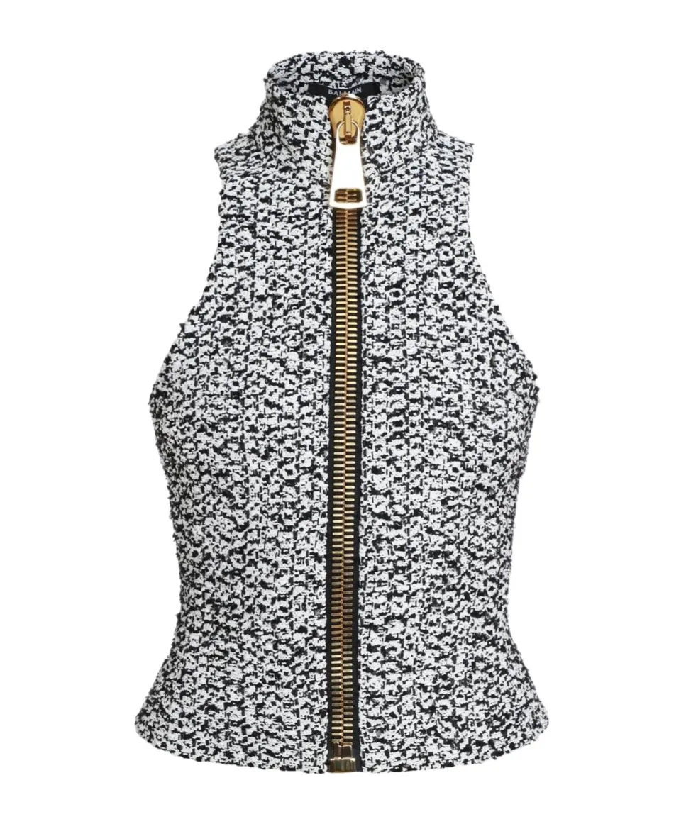 Backless Zipper Tweed Top