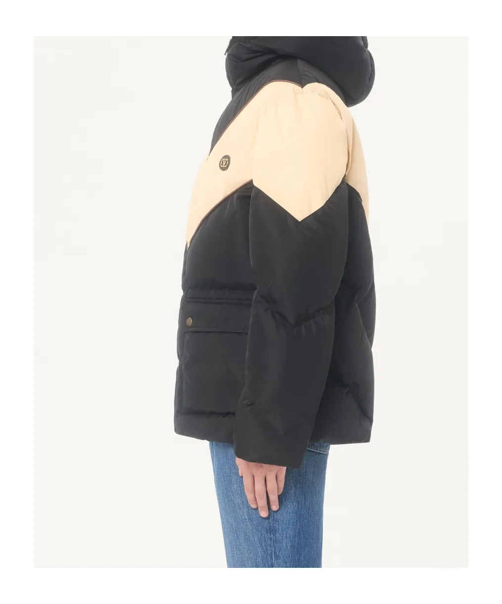 Valentino Hooded Down Jacket In Lightweight Nylon With Inlaid V And Vlogo Patch
