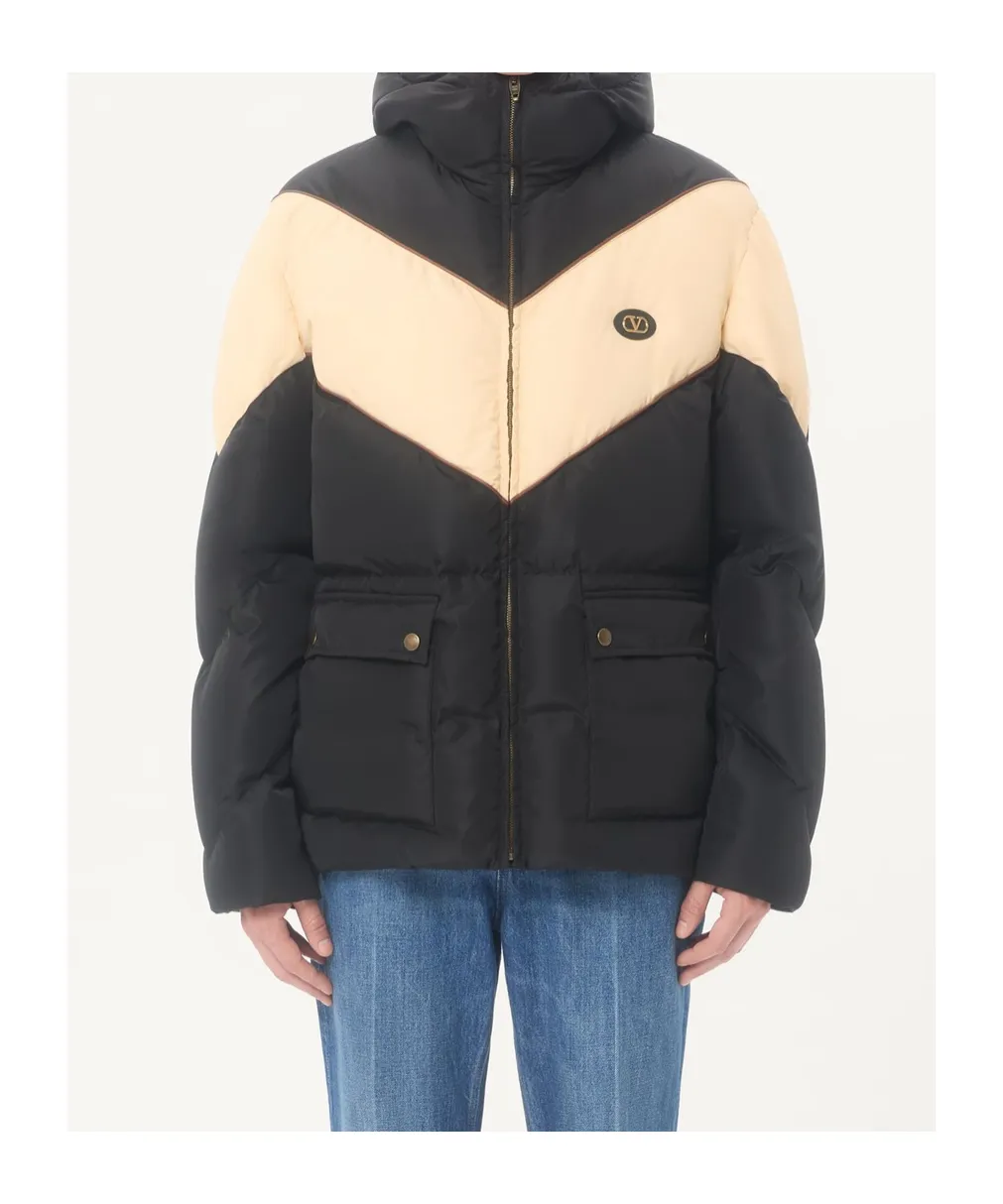 Valentino Hooded Down Jacket In Lightweight Nylon With Inlaid V And Vlogo Patch