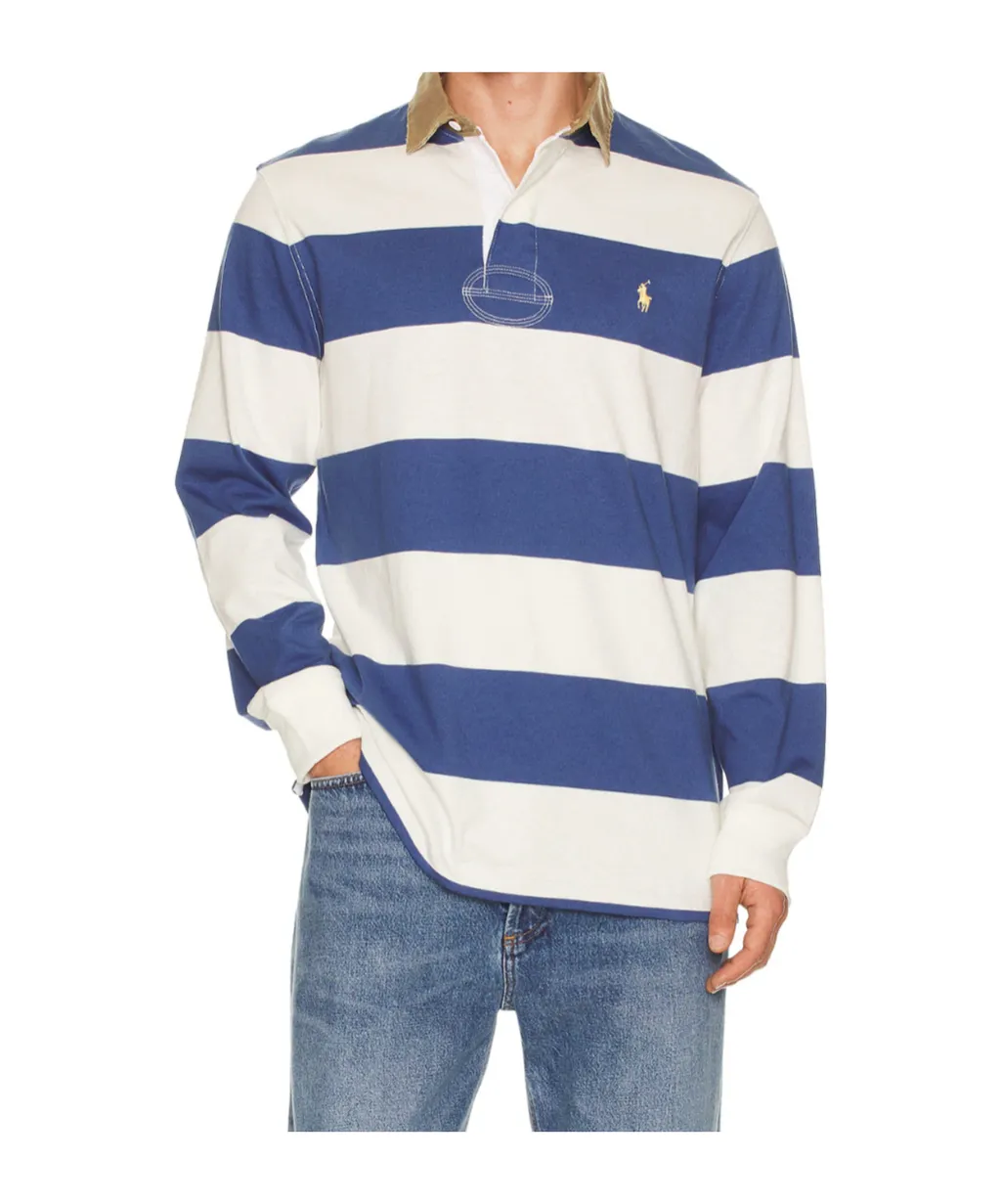 Striped-Pattern Long-Sleeve Polo Shirt
