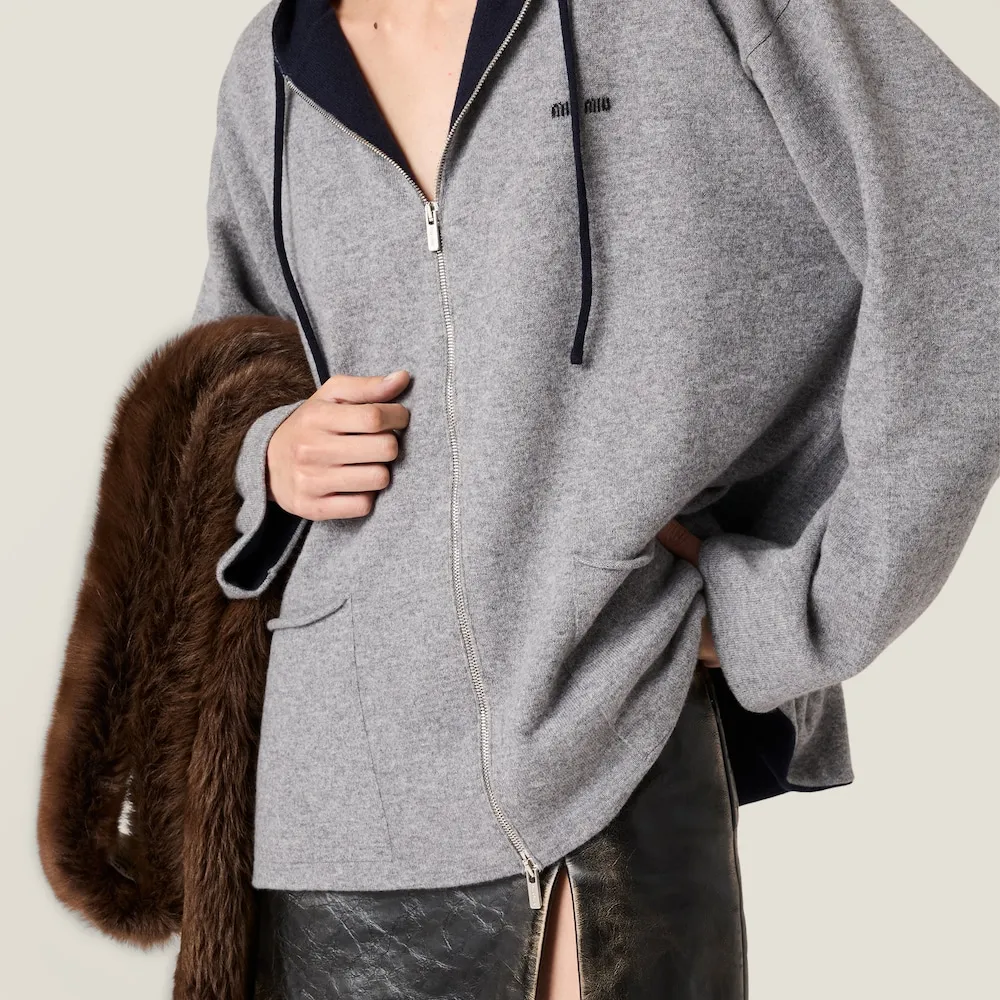 Miu Miu Zip-Up Drawstring Knitted Hoodie