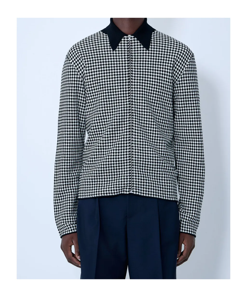 Jil Sander Houndstooth Pointed Collar Zip-Up Shirt
