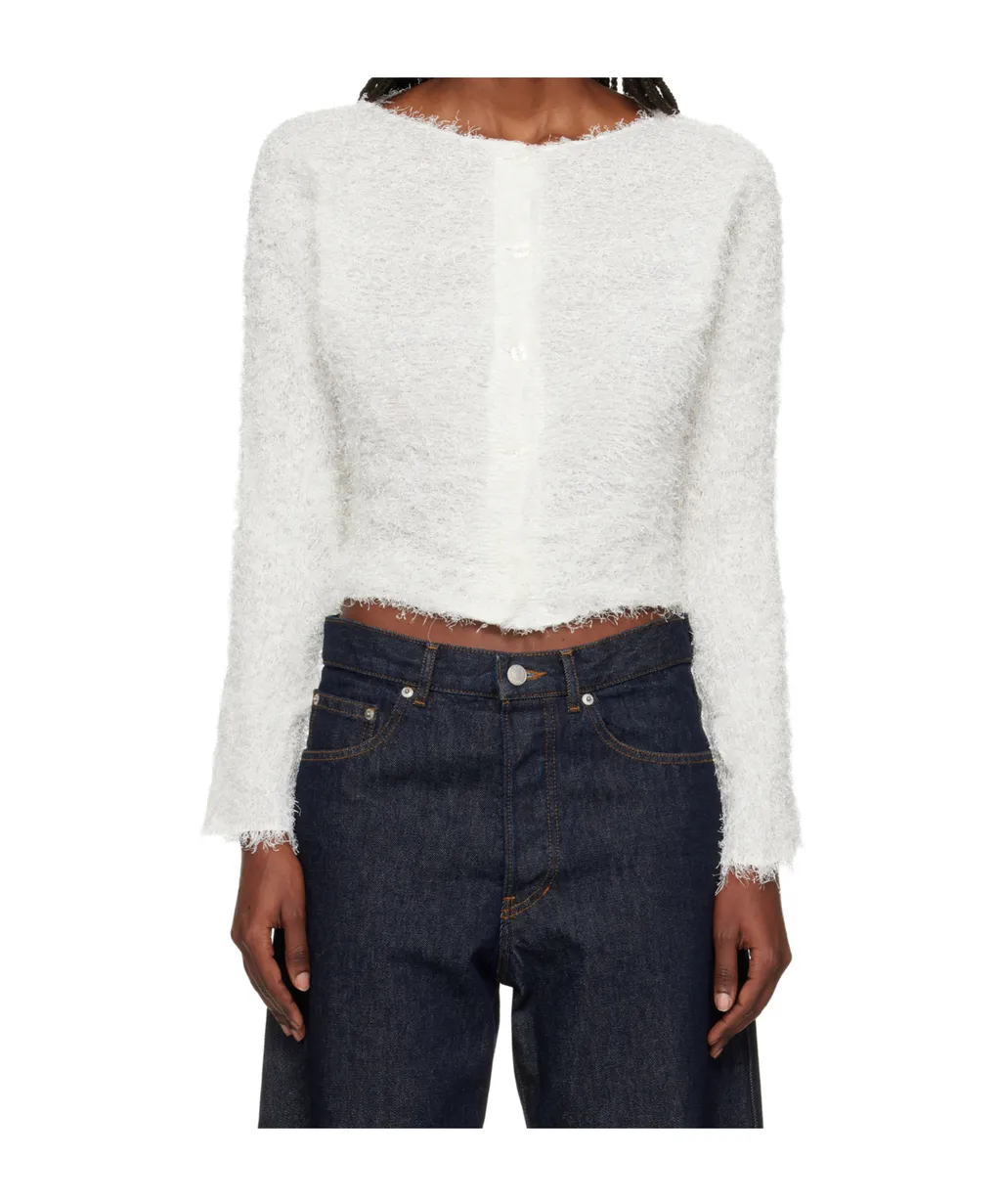Shifted Fuzzy Pleats Button-Down Knitwear