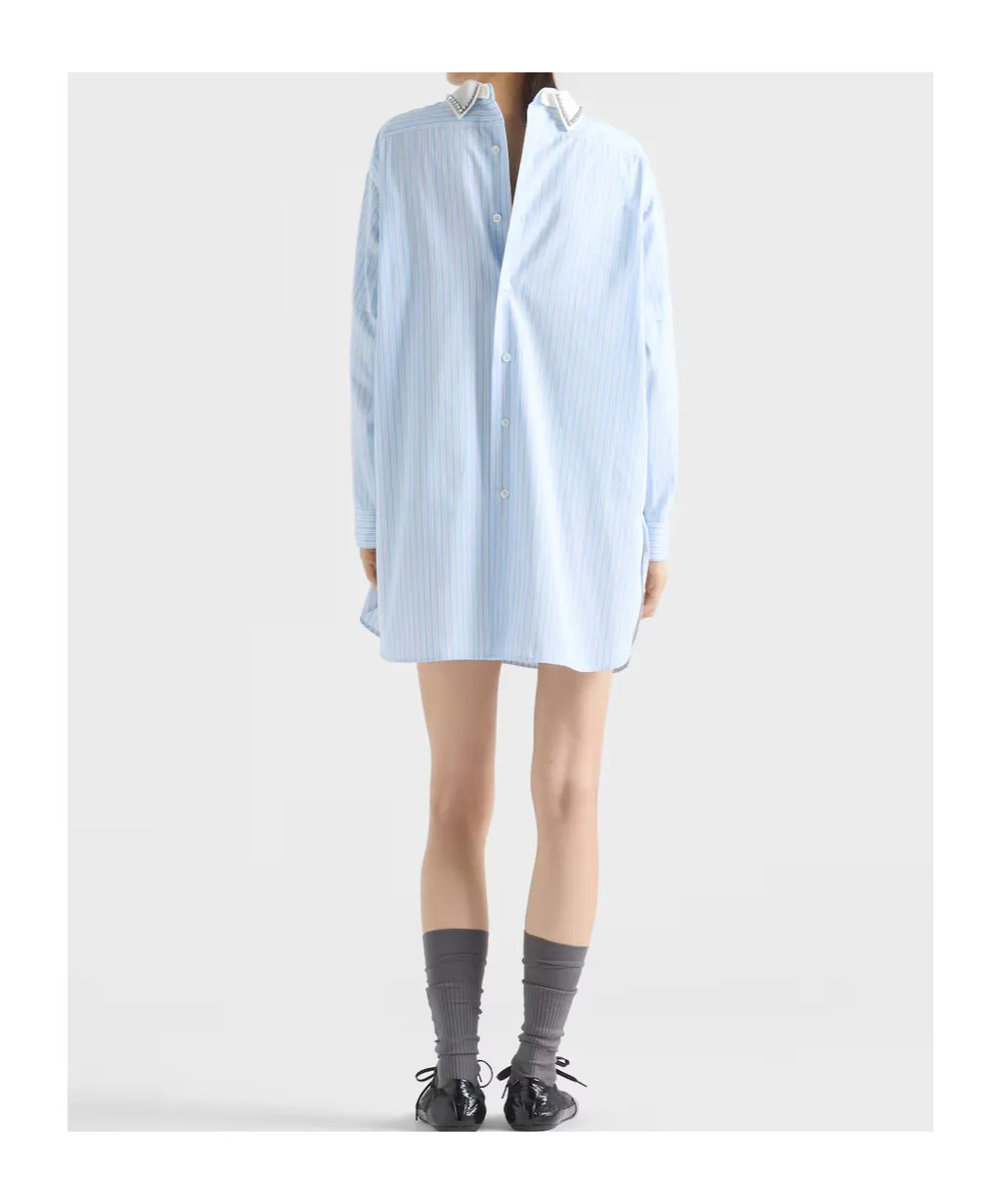 Prada Logo Embroidered Striped Poplin Top