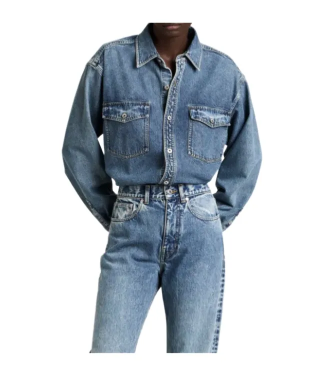 Chest-Pocket Long-Sleeve Denim Shirt