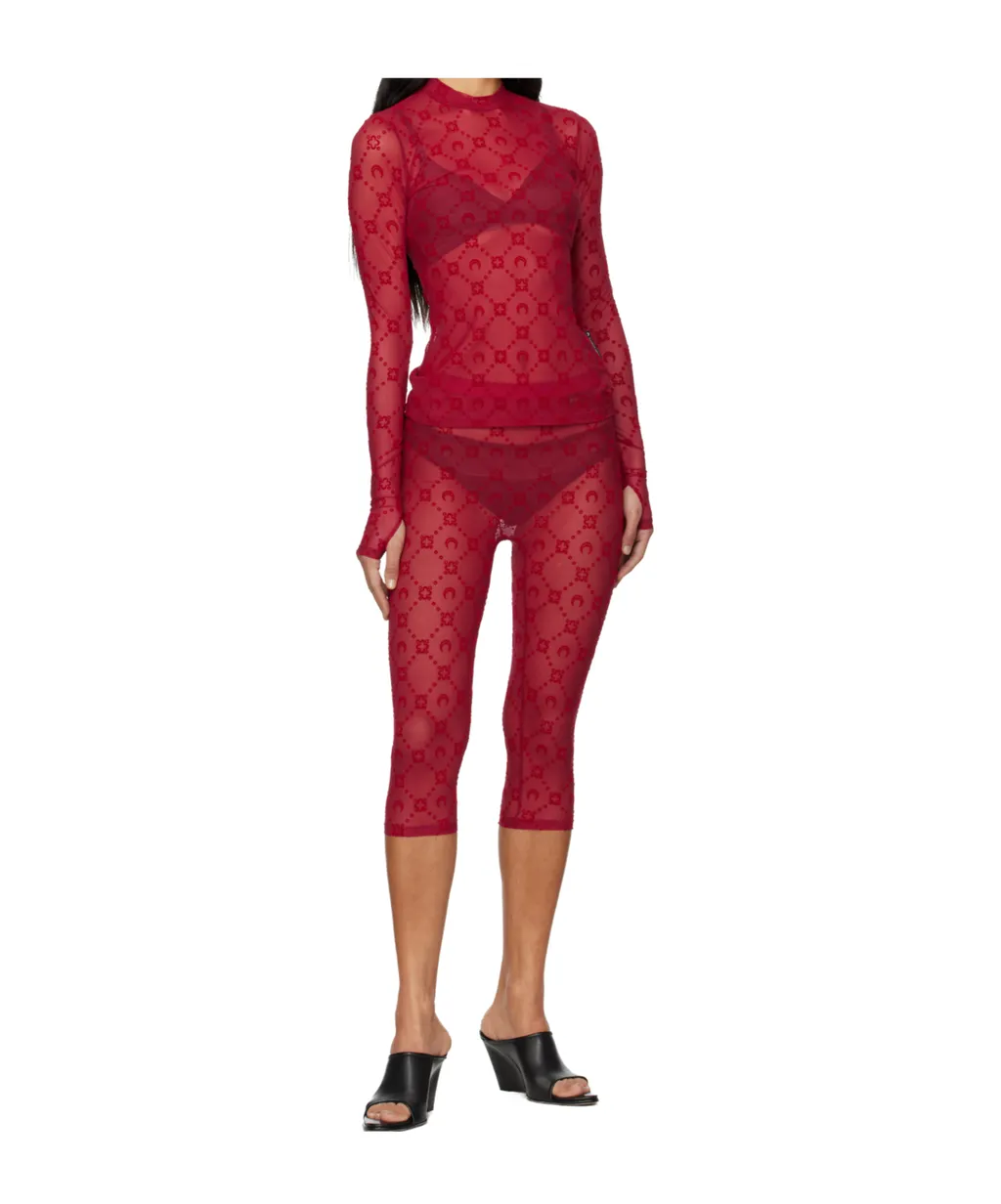 Red Moonogram Mesh Flock Capri Leggings