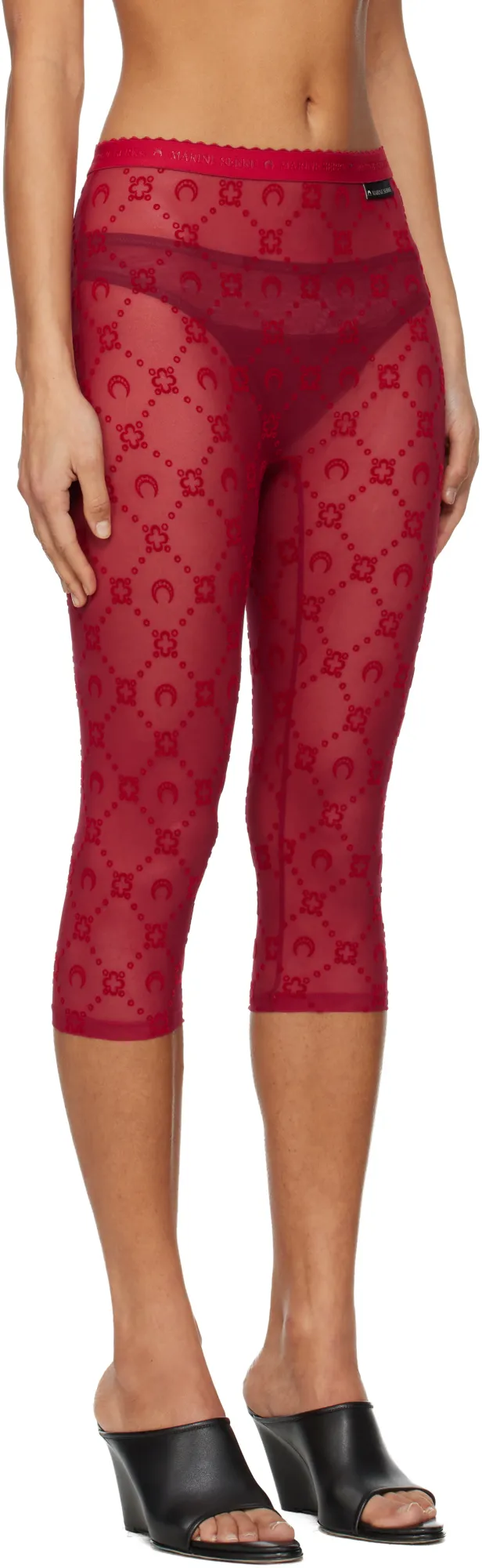 Red Moonogram Mesh Flock Capri Leggings