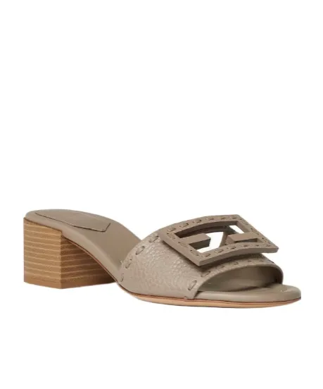 Baguette Dove Gray Leather Medium-Heeled Slides
