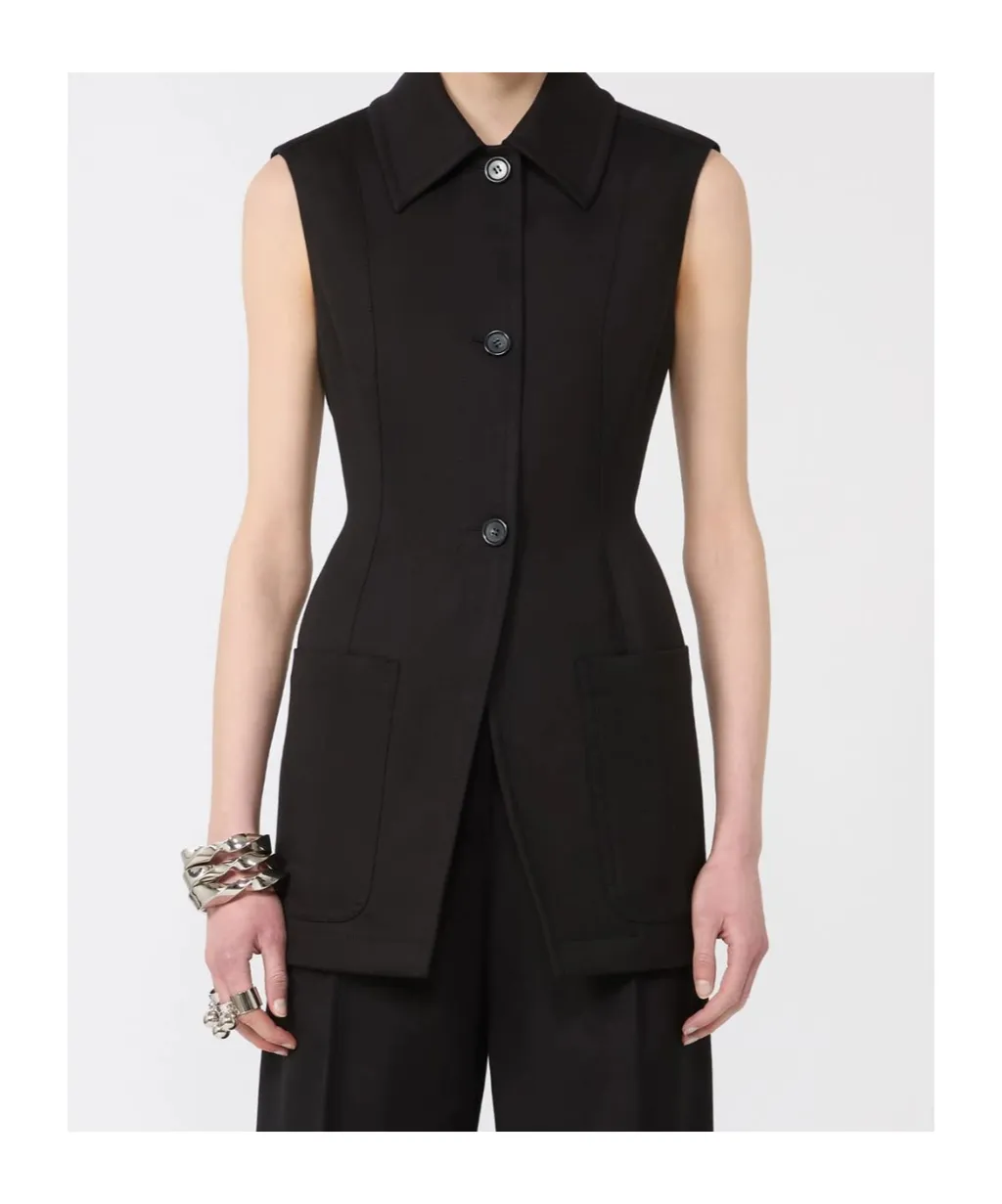 Sleeveless Fitted Gabardine Blazer - Black
