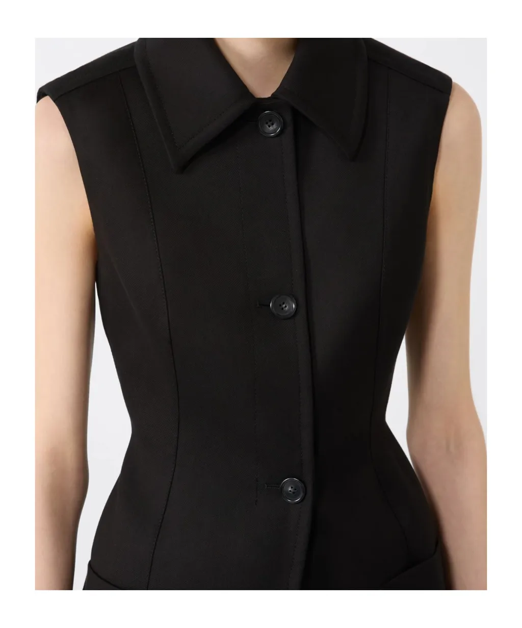 Sleeveless Fitted Gabardine Blazer - Black