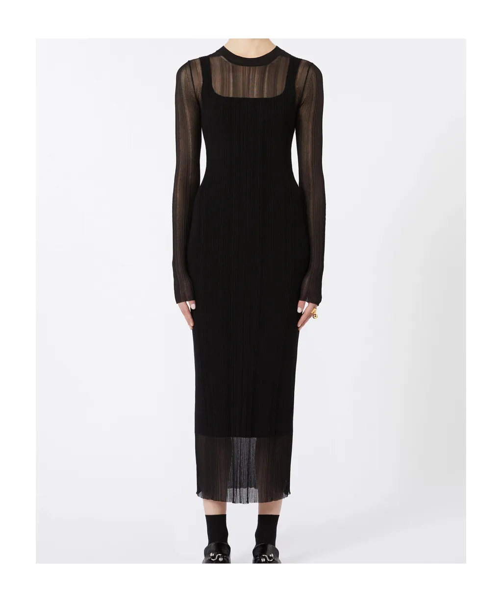Short-Sleeved Stretch Viscose Dress - Black