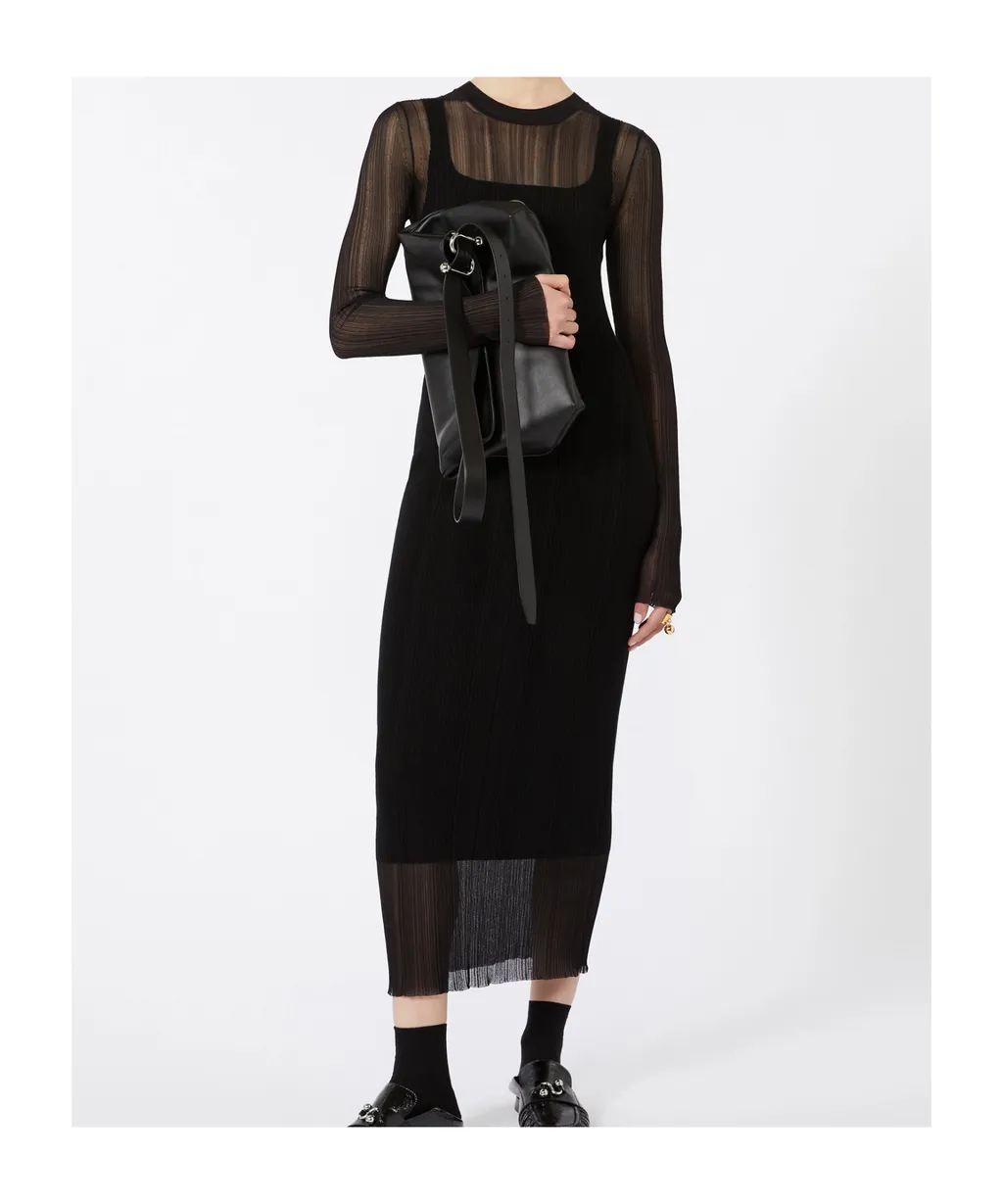 Short-Sleeved Stretch Viscose Dress - Black