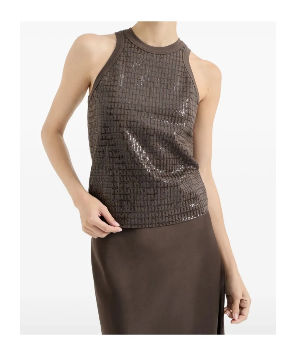 Brunello Cucinelli Dazzling Check Embroidery Jersey Top