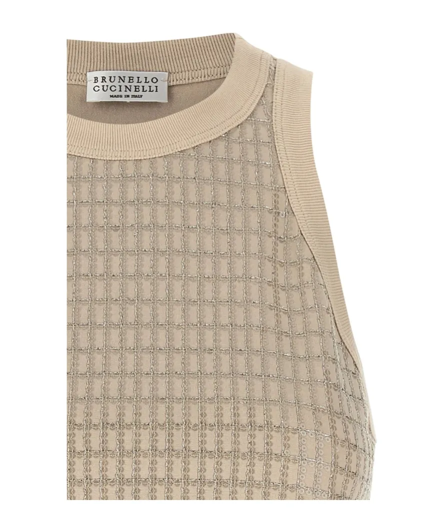 Brunello Cucinelli Dazzling Check Embroidery Jersey Top