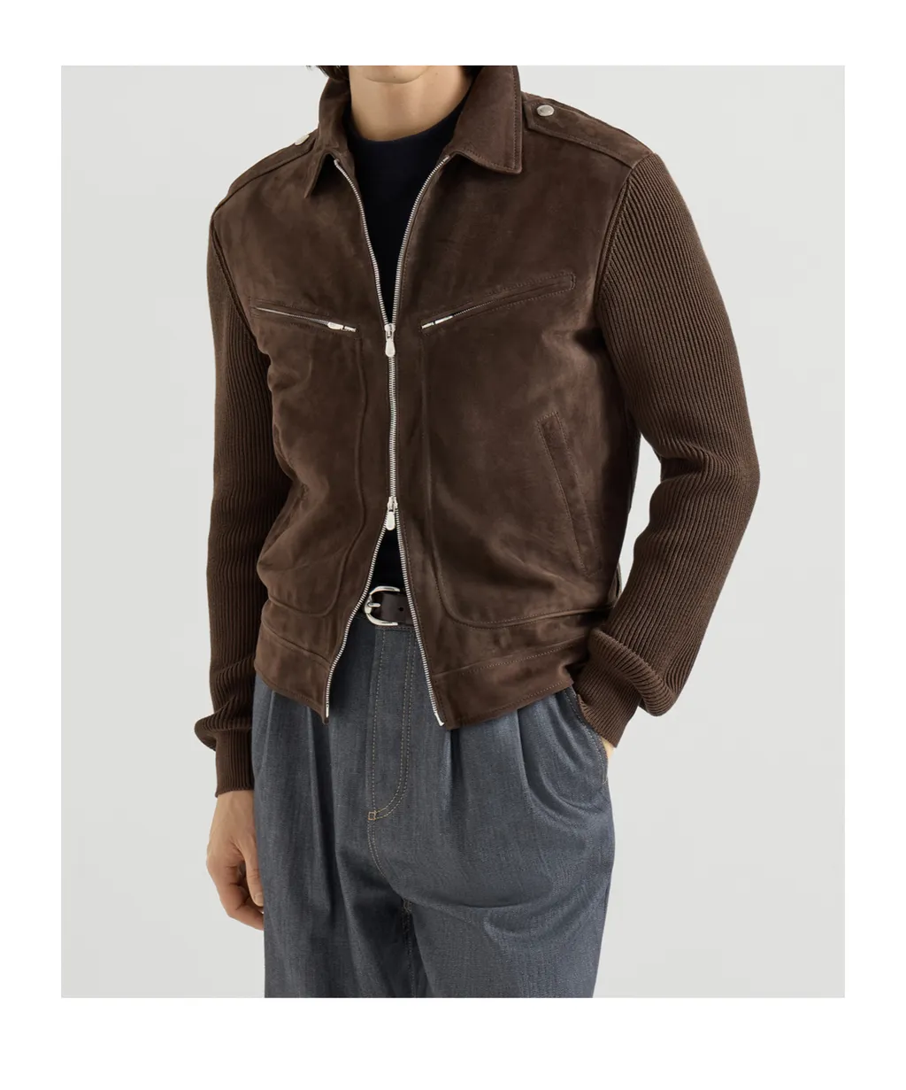 Ribbed-Knit Suede Jacket