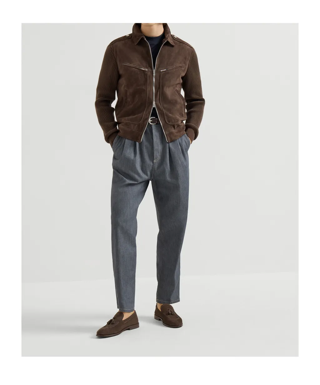 Ribbed-Knit Suede Jacket