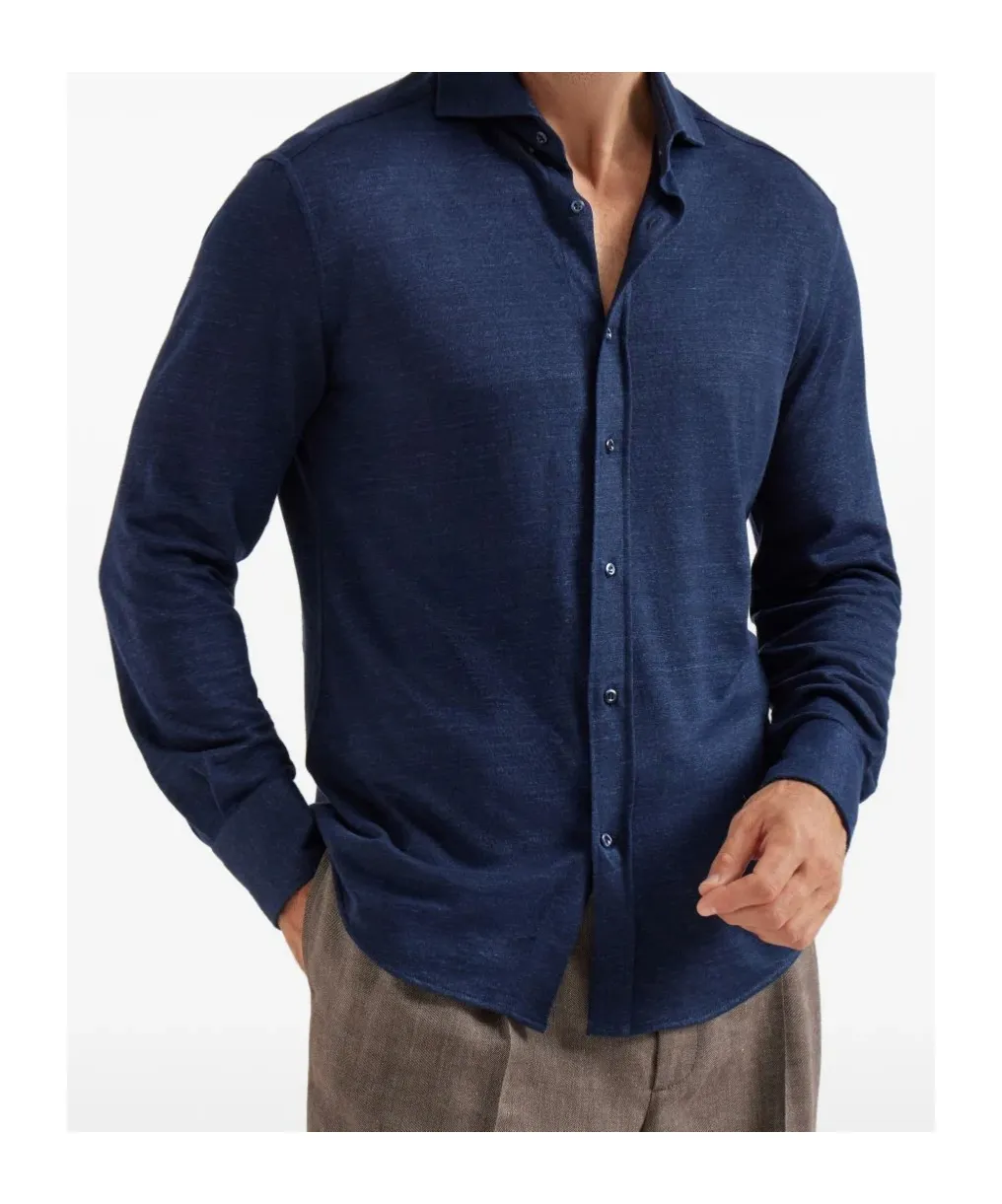Brunello Cucinelli Spread Collar Mlange Jersey Shirt