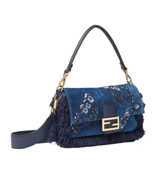 Blue Flocked Denim Bag With Night Butterfly Embroidery