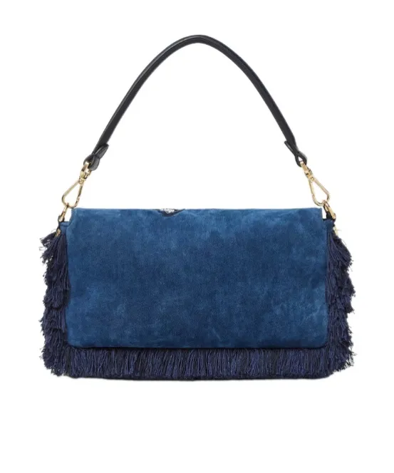 Blue Flocked Denim Bag With Night Butterfly Embroidery