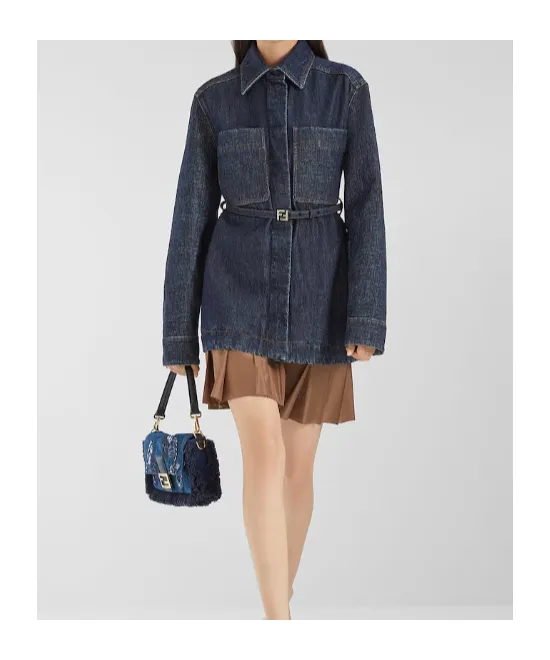 Blue Flocked Denim Bag With Night Butterfly Embroidery
