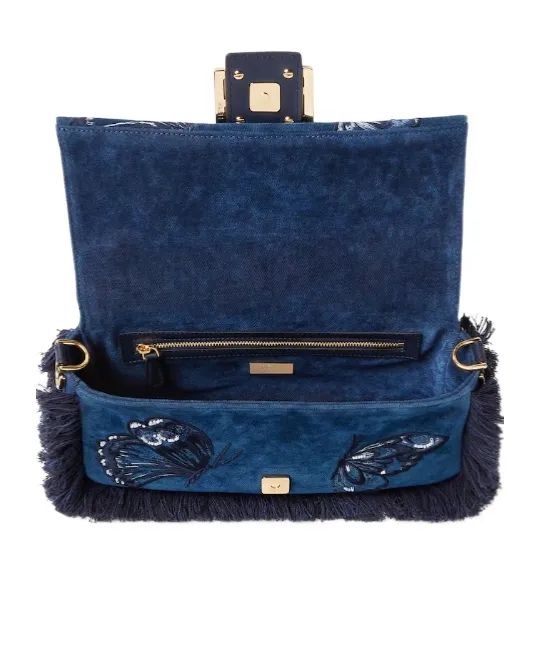Blue Flocked Denim Bag With Night Butterfly Embroidery