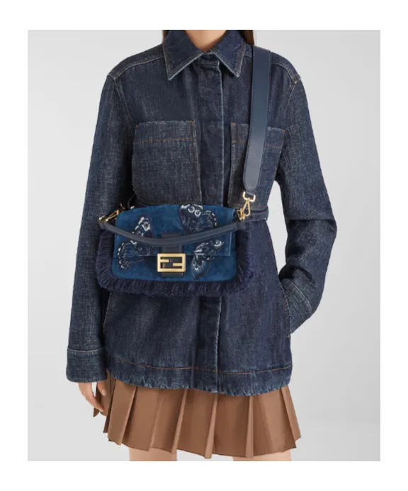 Blue Flocked Denim Bag With Night Butterfly Embroidery