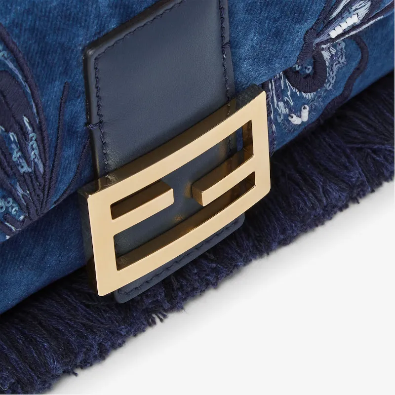 Blue Flocked Denim Bag With Night Butterfly Embroidery