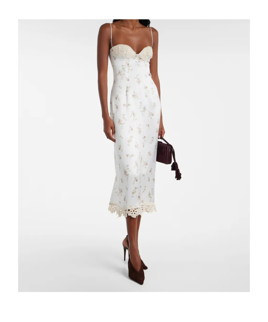Floral Crochet-Trimmed Silk Slip Dress