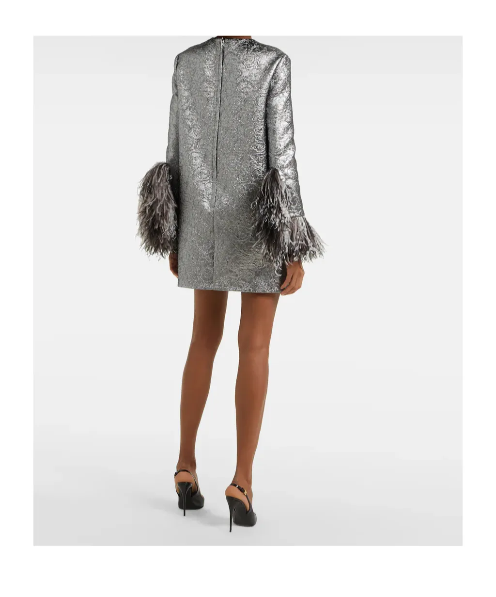 Feather-Trimmed Lame Minidress