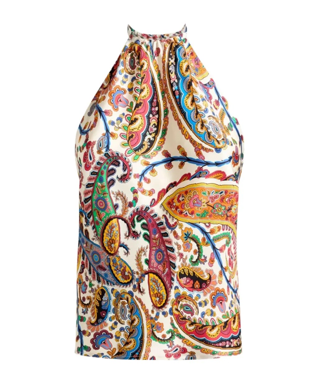 Silk Top With Halterneck And Floral Paisley Motif